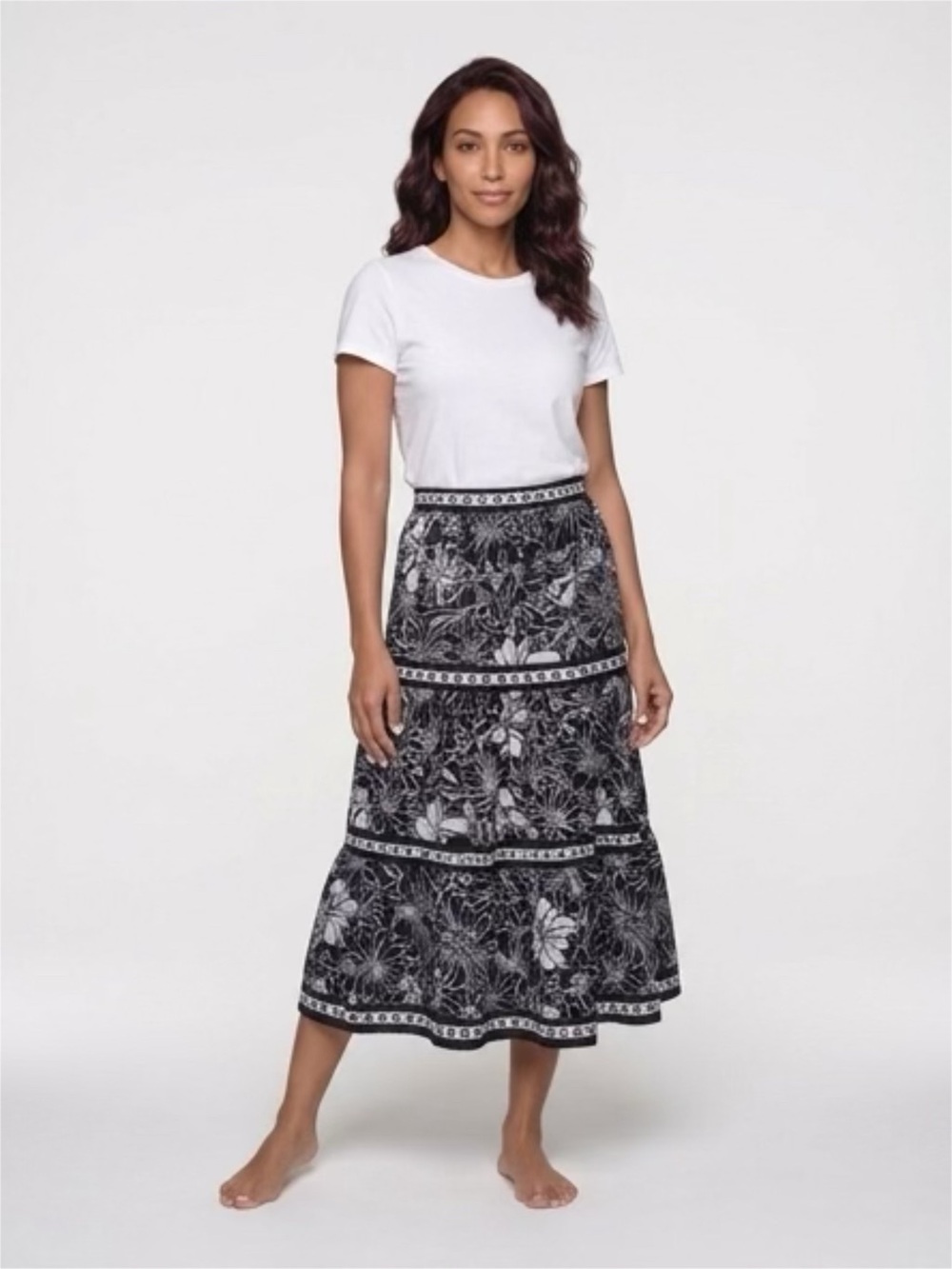 Black & White Floral Tiered Midi Skirt - Picture 1 of 6